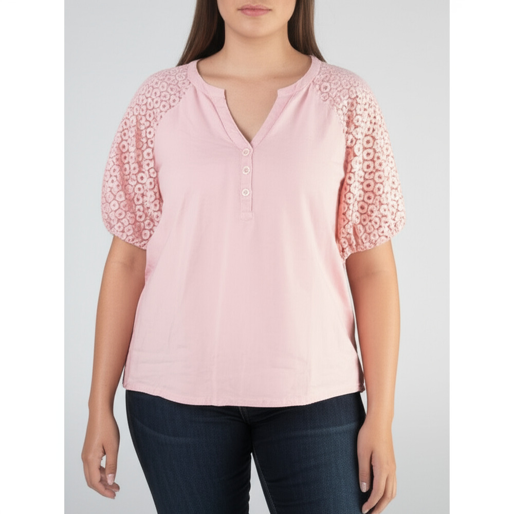 Retrelogy Womens Blouse Size 2X Pink Casual Lace Puff Sleeve Romantic Boho